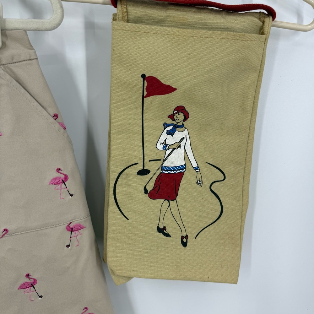 Vintage Graphic Print 1920s Deco Woman Golfer Ball Bag Canvas Cloth Red handle